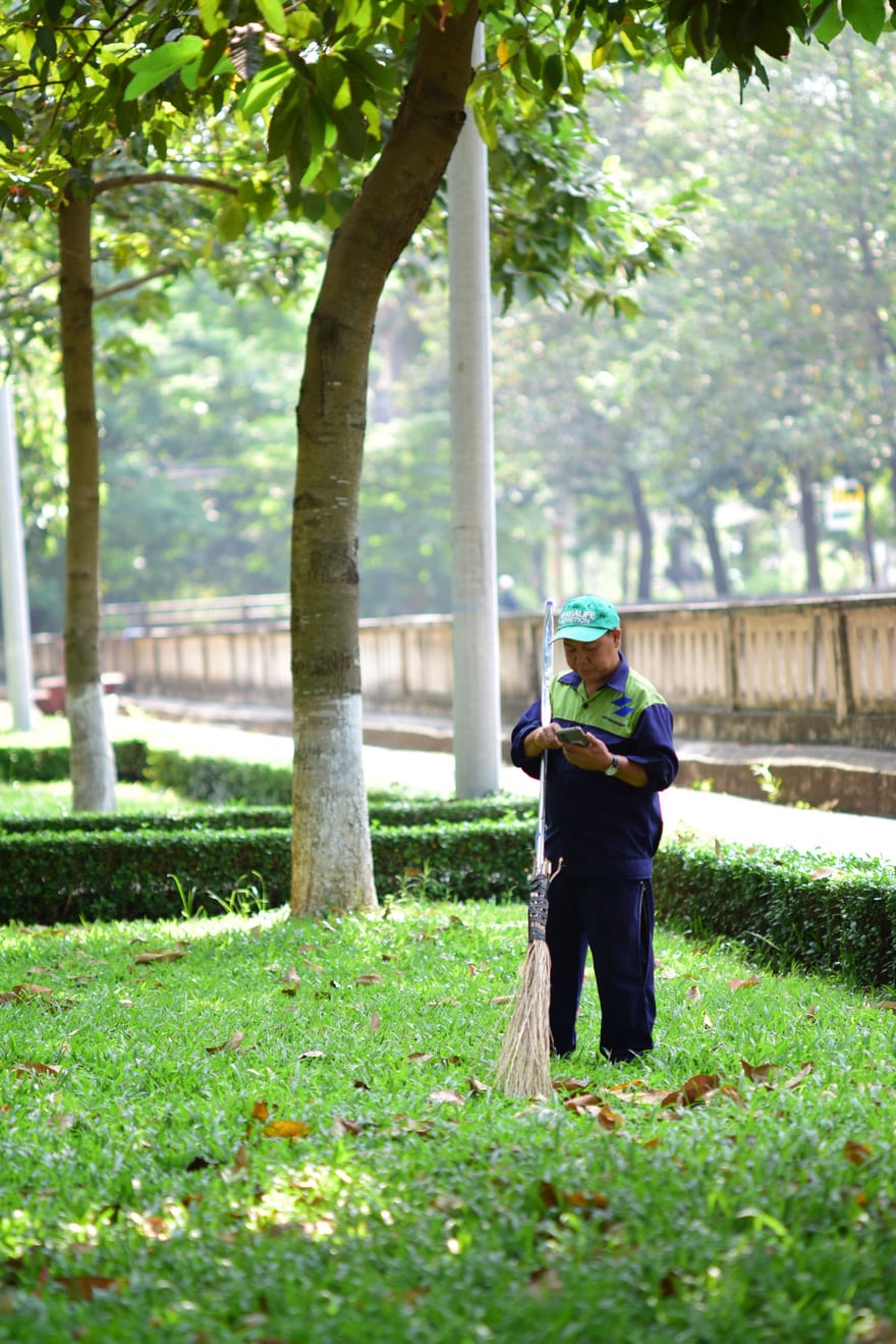 A gardener raking fallen leaves beneath trees